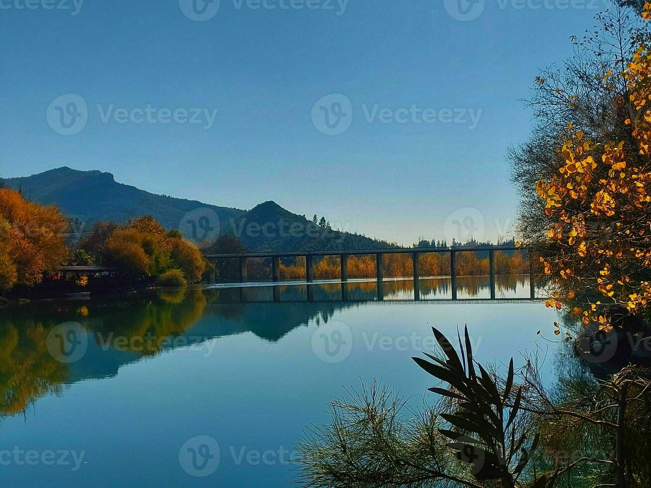otoño paisaje con azul lago y arboles en el apuntalar foto