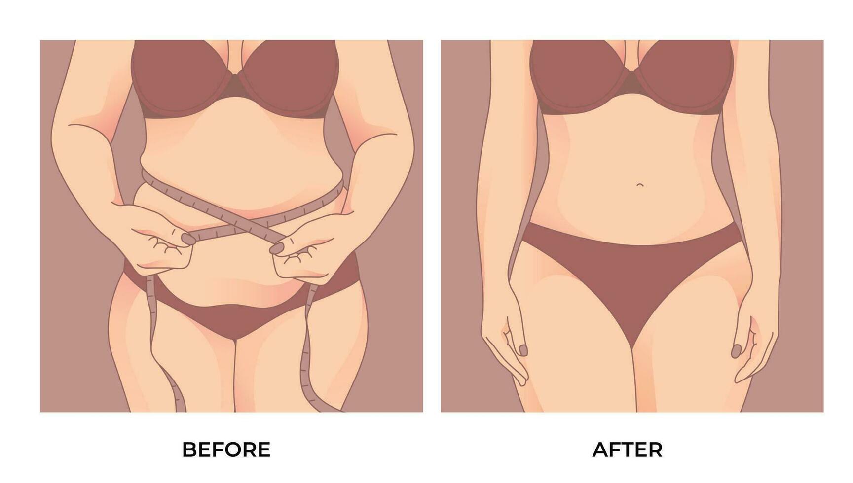 barriga gordo. antes de y después peso pérdida, mujer cuerpo forma transformación, grasa a adaptar. vector