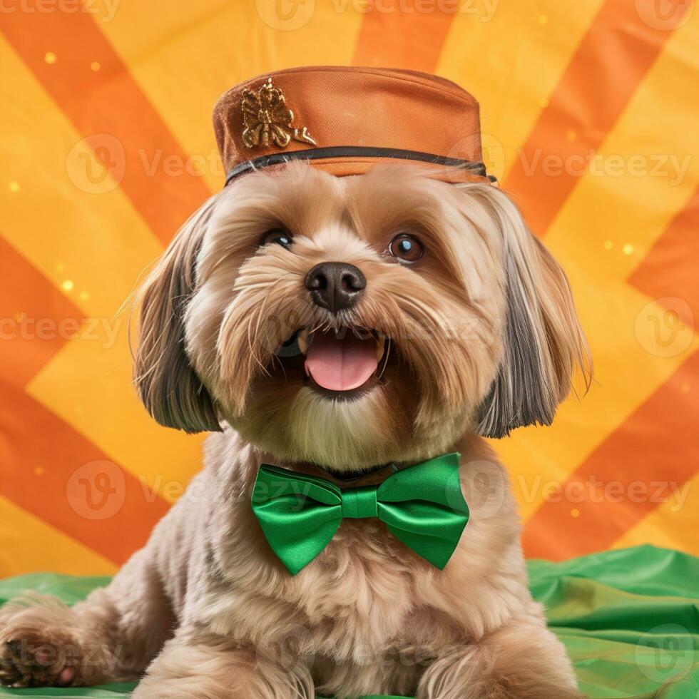 Yorkshire terrier en un sombrero. retrato de un perro vestido como un duende. ai generativo foto