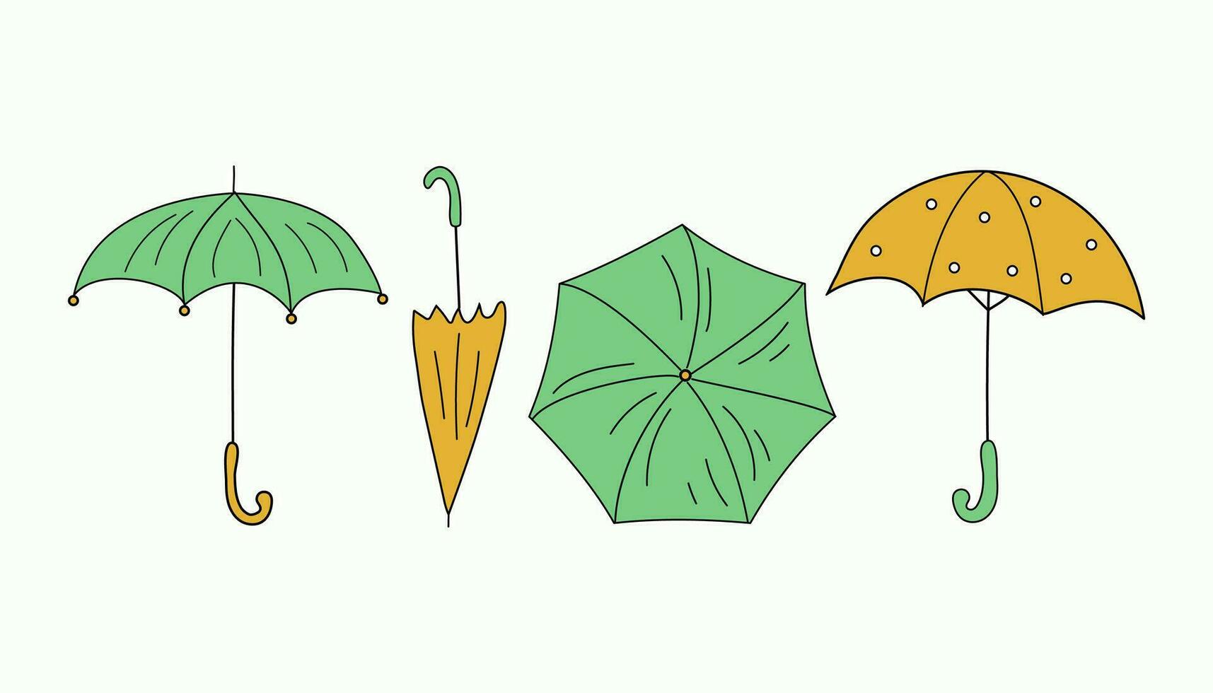 Set of umbrellas in doodle style. Brightly colored open and closed umbrellas. Drawings. Vector illustration on white background with set of icons.