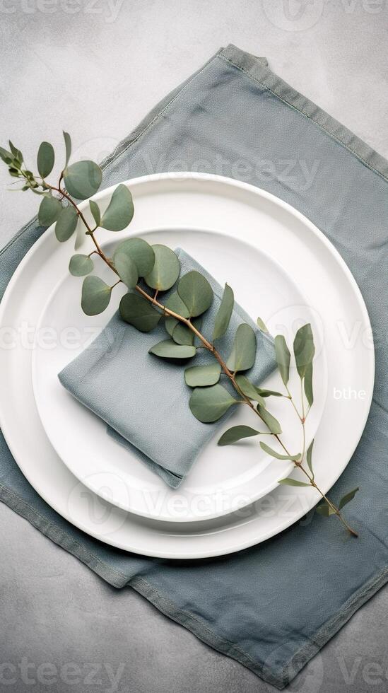 Place setting for dinner. Elegant table decorated with eucalyptus branches. AI Generated photo