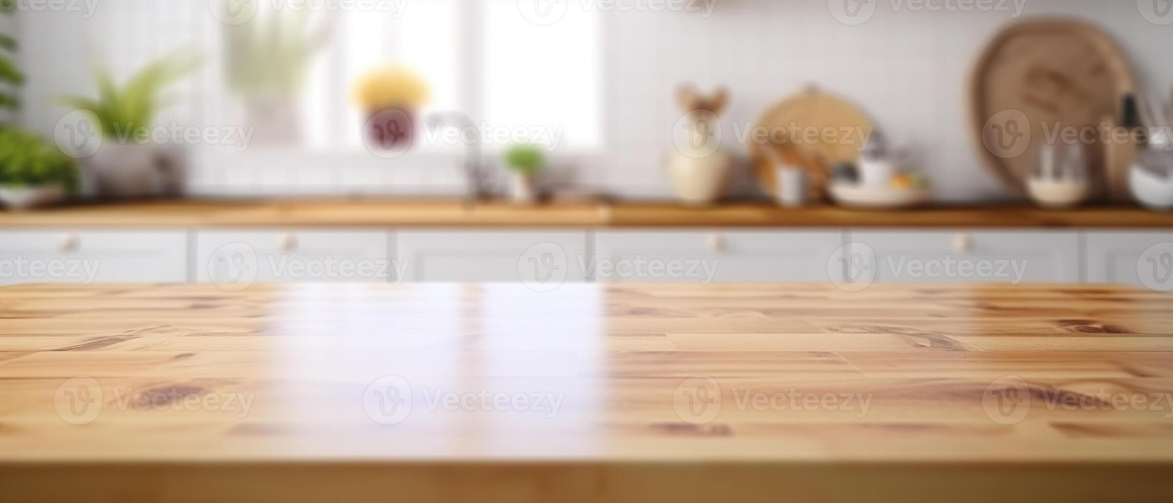 Table top. Wooden top table in kitchen interior for product display. AI Generated photo