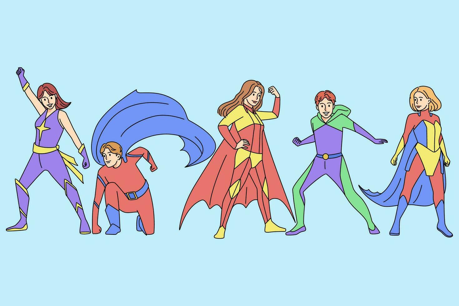 Superheroes in costumes show different poses. Super hero cartoon characters in outfits pose. Festival and fantasy world. Vector illustration.