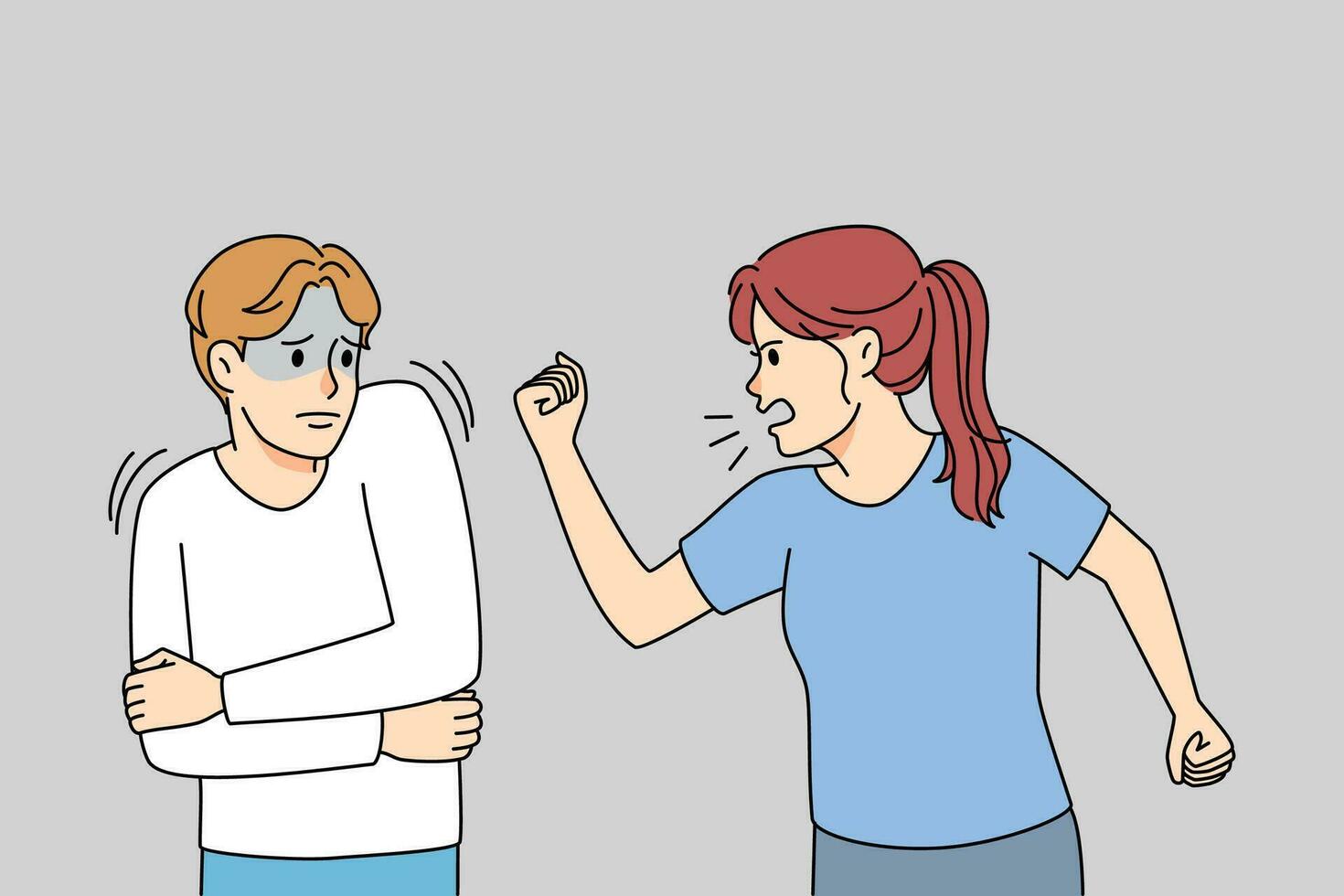 Aggressive woman scold lecture stressed man. Husband and wife fight and quarrel. Abusive female bullying male lover. Domestic violence concept. Vector illustration.