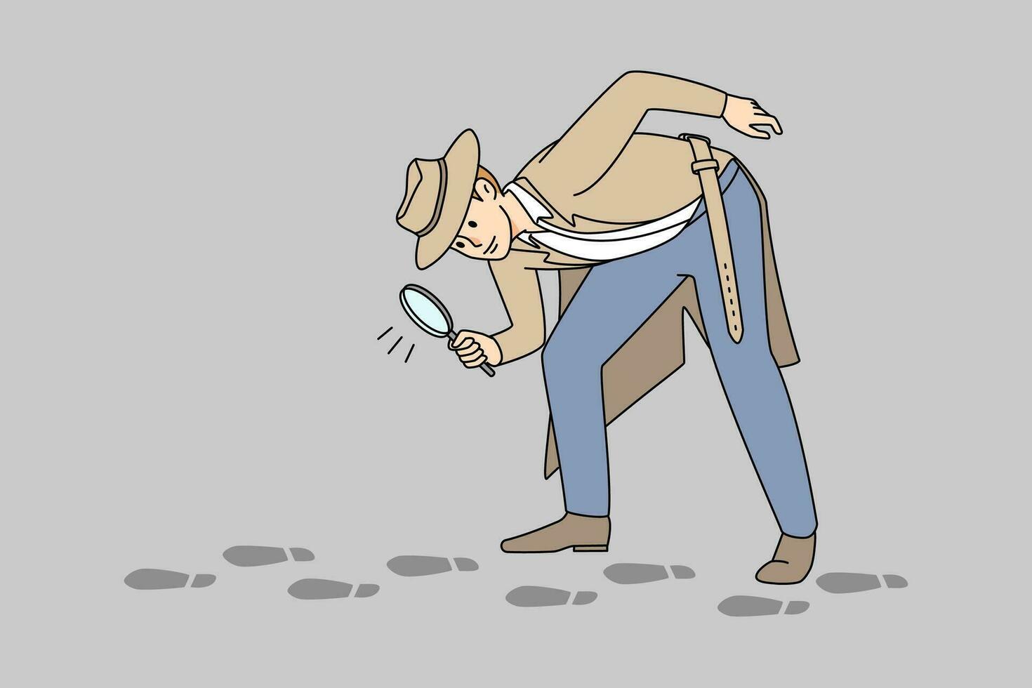 Male detective with magnifying glass explore footsteps on ground. Man officer investigate crime. Successful investigation. Vector illustration.