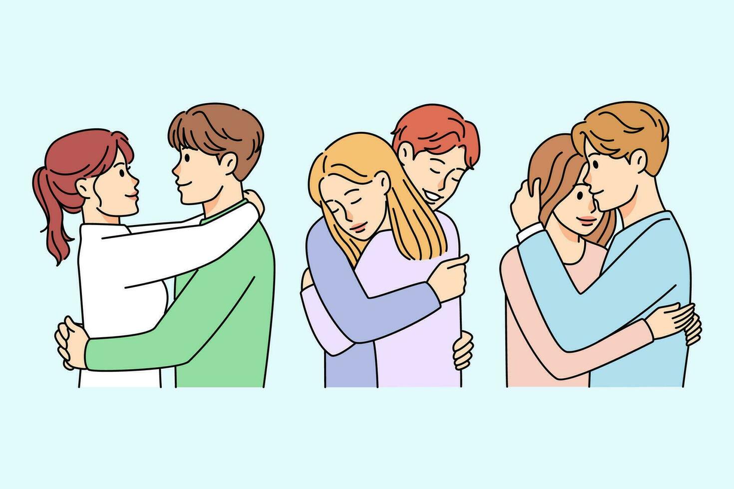 Happy couples embracing on hugging day. Smiling men and women cuddle show love and care. People relationship concept. Vector illustration.