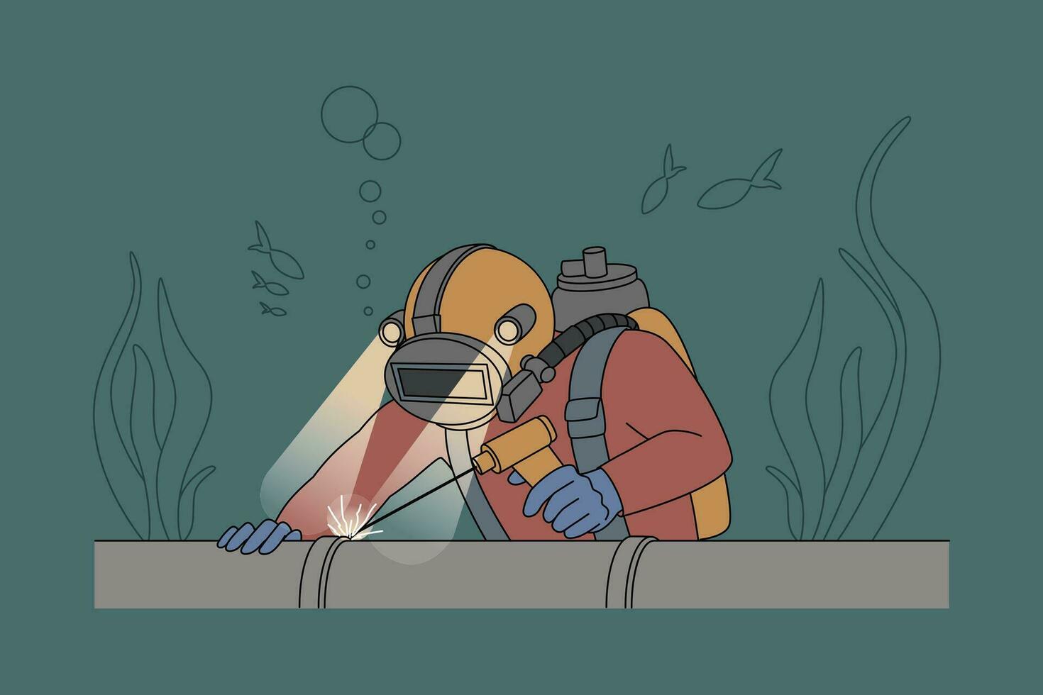 Diver in uniform underwater repair pipe. Man in protective gear fixing tube lines under water. Flat vector illustration.