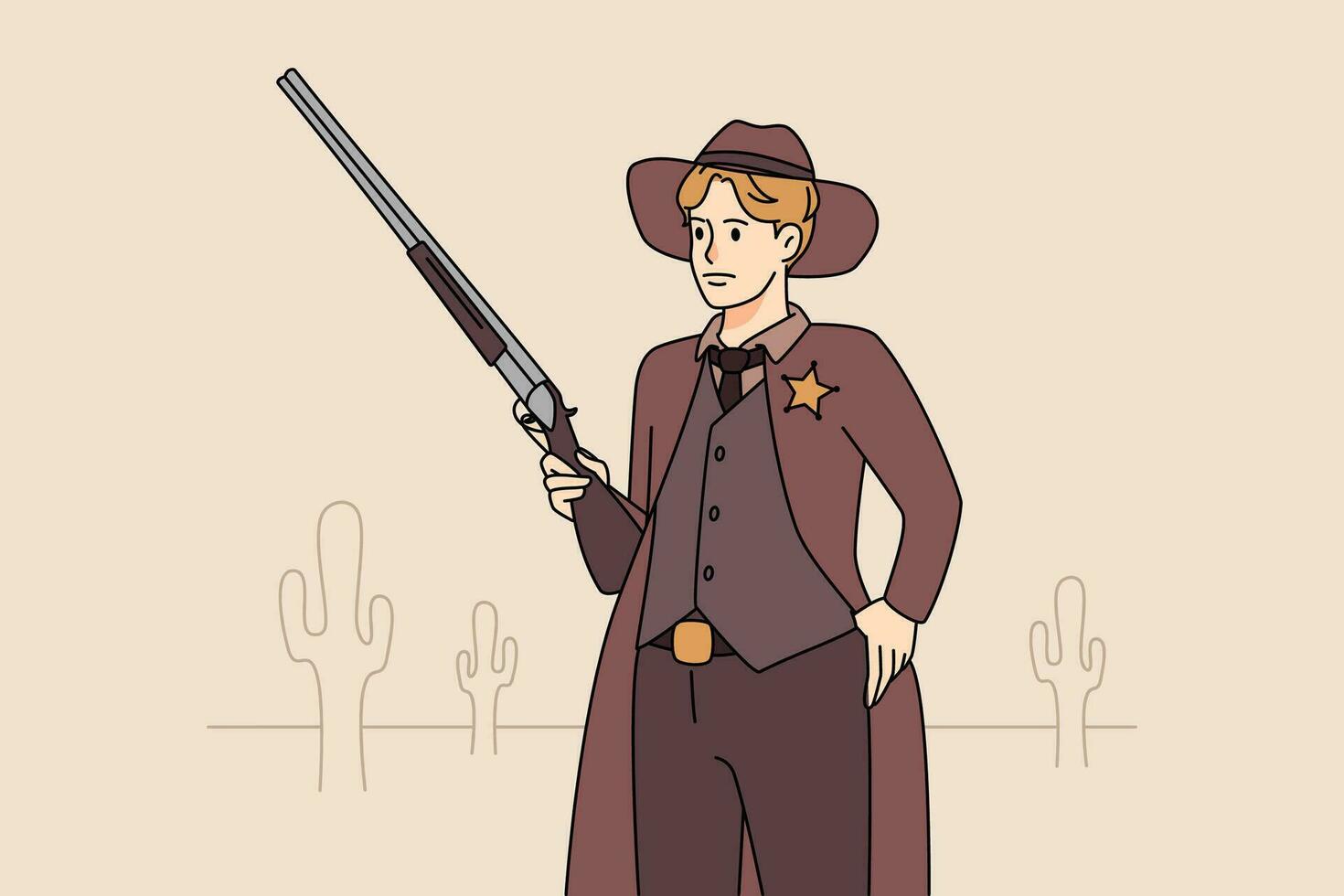 hombre con pistola con estrella en pecho. masculino alguacil con arma en Oeste. occidental cultura concepto. vector ilustración.
