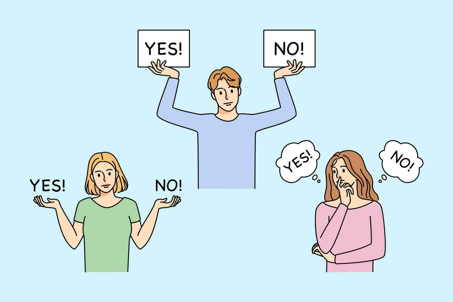 Confused people with yes and no signs making decision. Frustrated male and female characters have dilemma, deciding to approve or reject. Vector illustration.