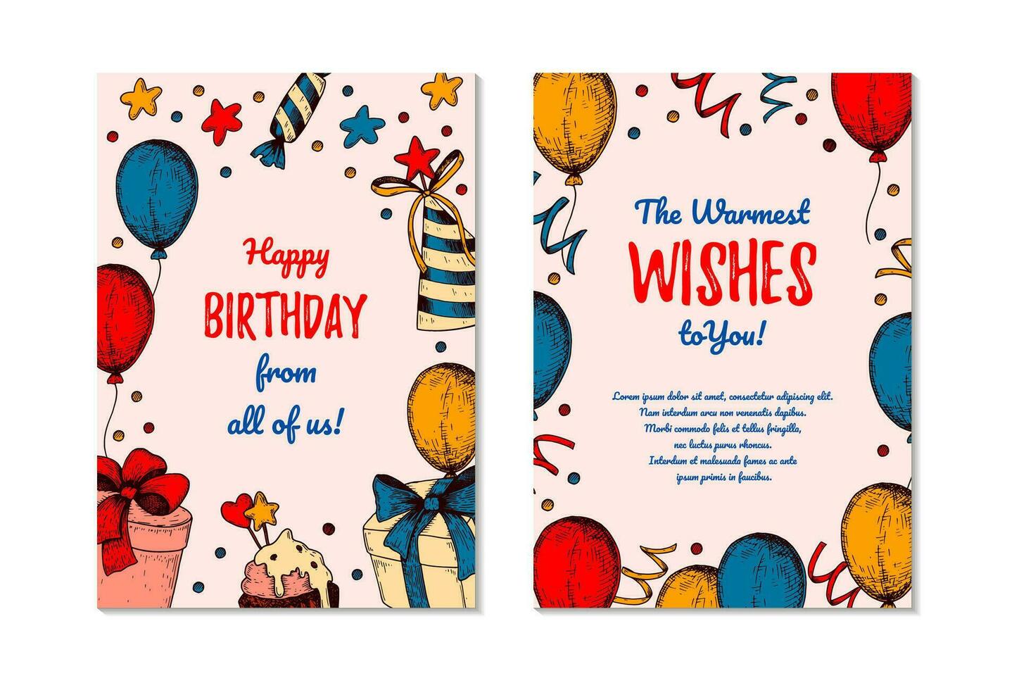 Two sides Birthday vertical greeting card. Design with hand drawn elements. Celebration invitation template. Vector illustration in sketch style. Festive kids colorful poster