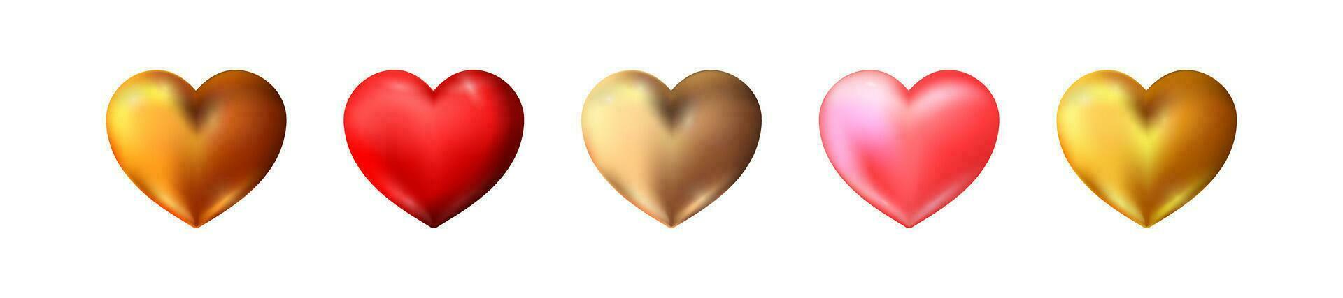 Set of realistic red and golden hearts. Valentines day design element vector