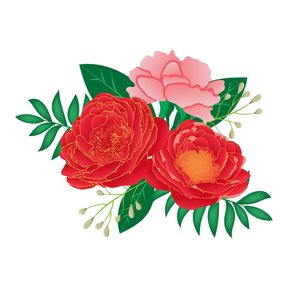Flower bouquet. Festive composition with red flowers and greenery. Vector illustration.