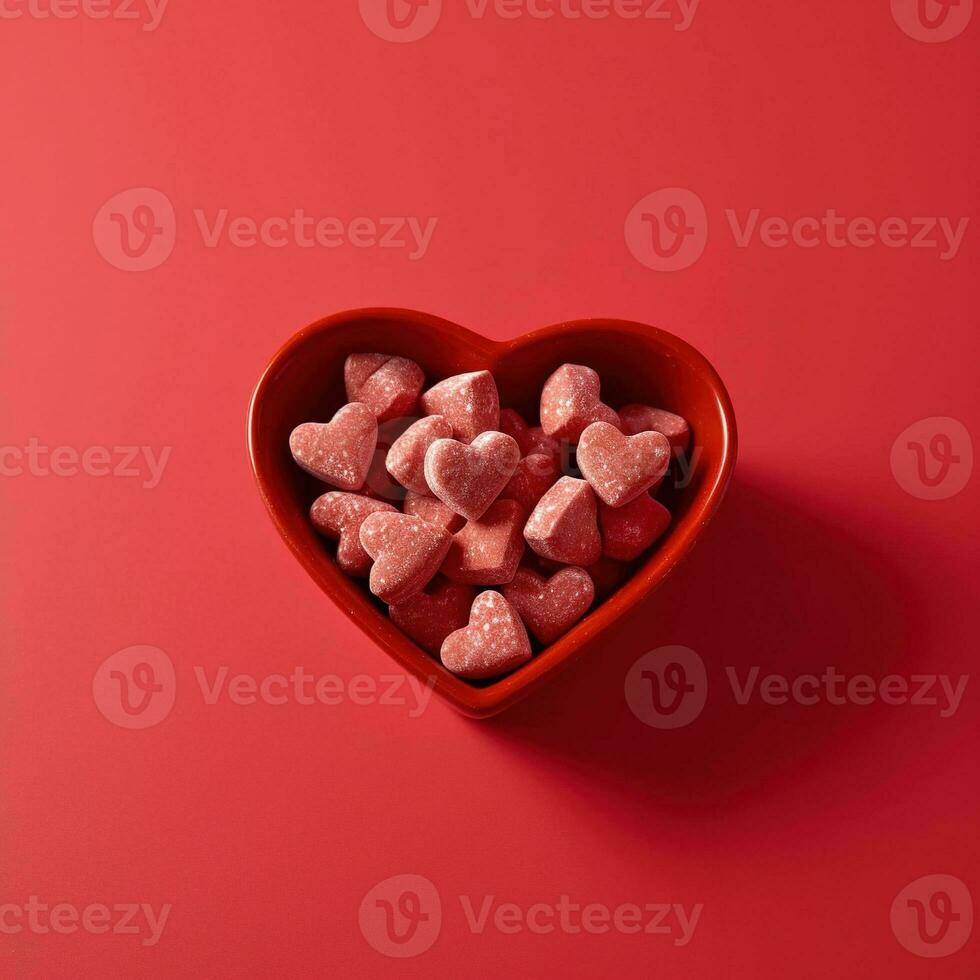 Heart shaped candies. Candy Cinnamon Hearts in Ceramic Heart. AI Generated photo