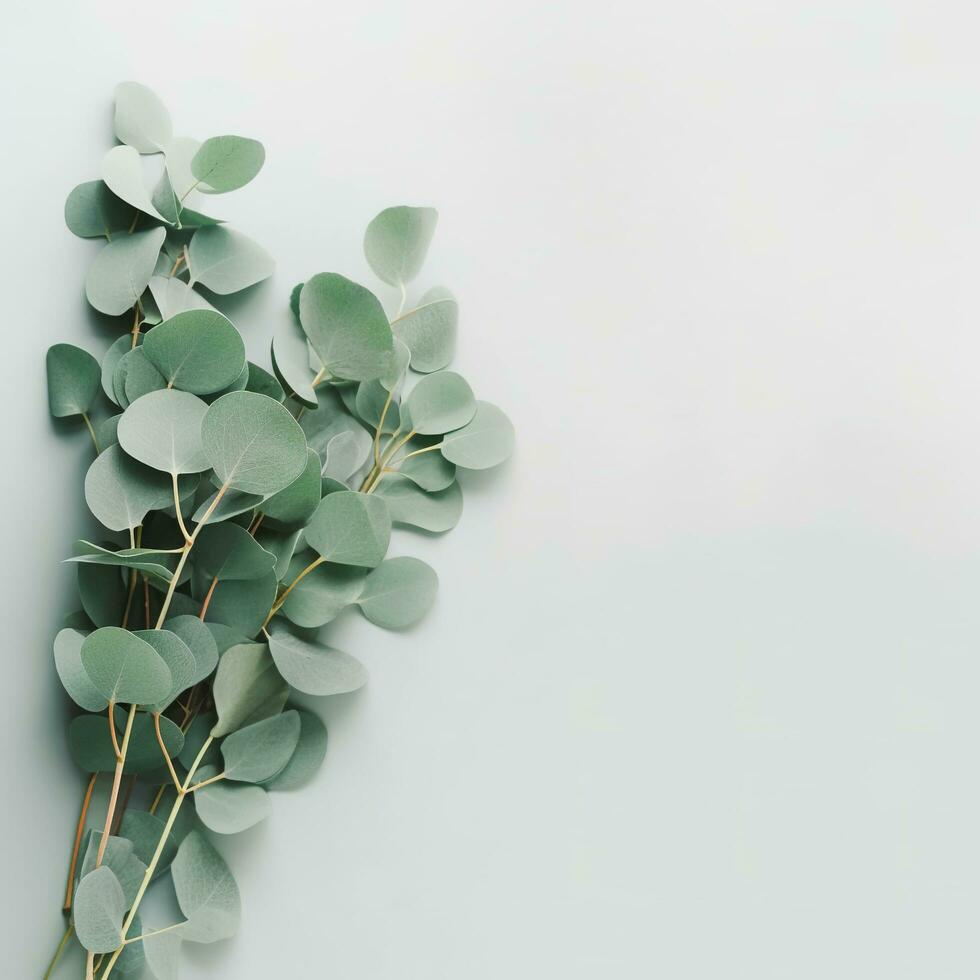 Leaves on a wall. Flat lat of Eucalyptus green branches. Ai Generated photo