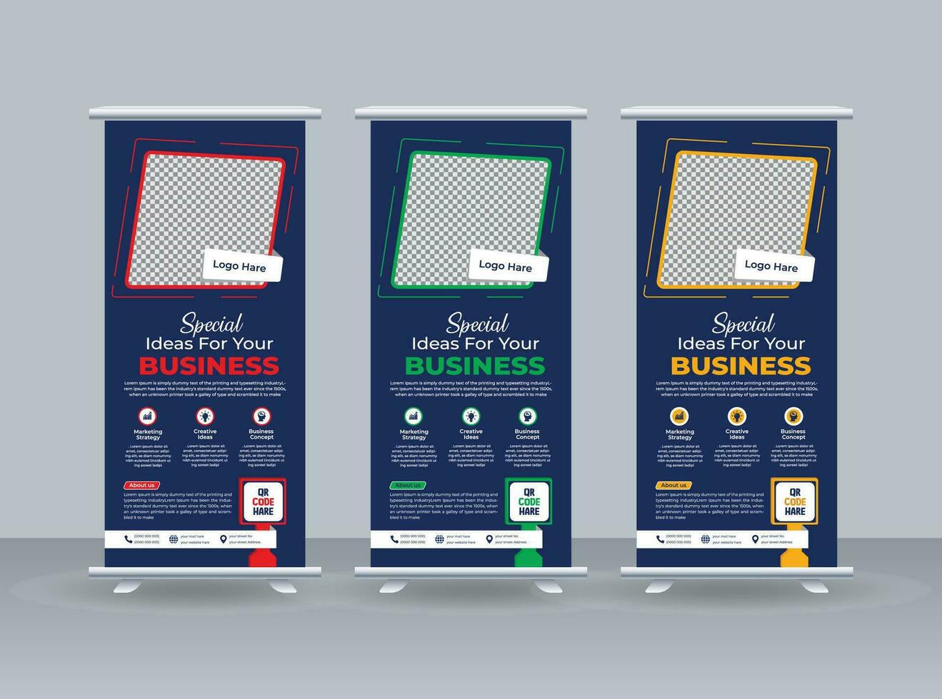 Modern  Roll Up Banner Design Stand Template in multiple eye catching color Red, Blue and yellow  for Business corporation or agency with presentation vector