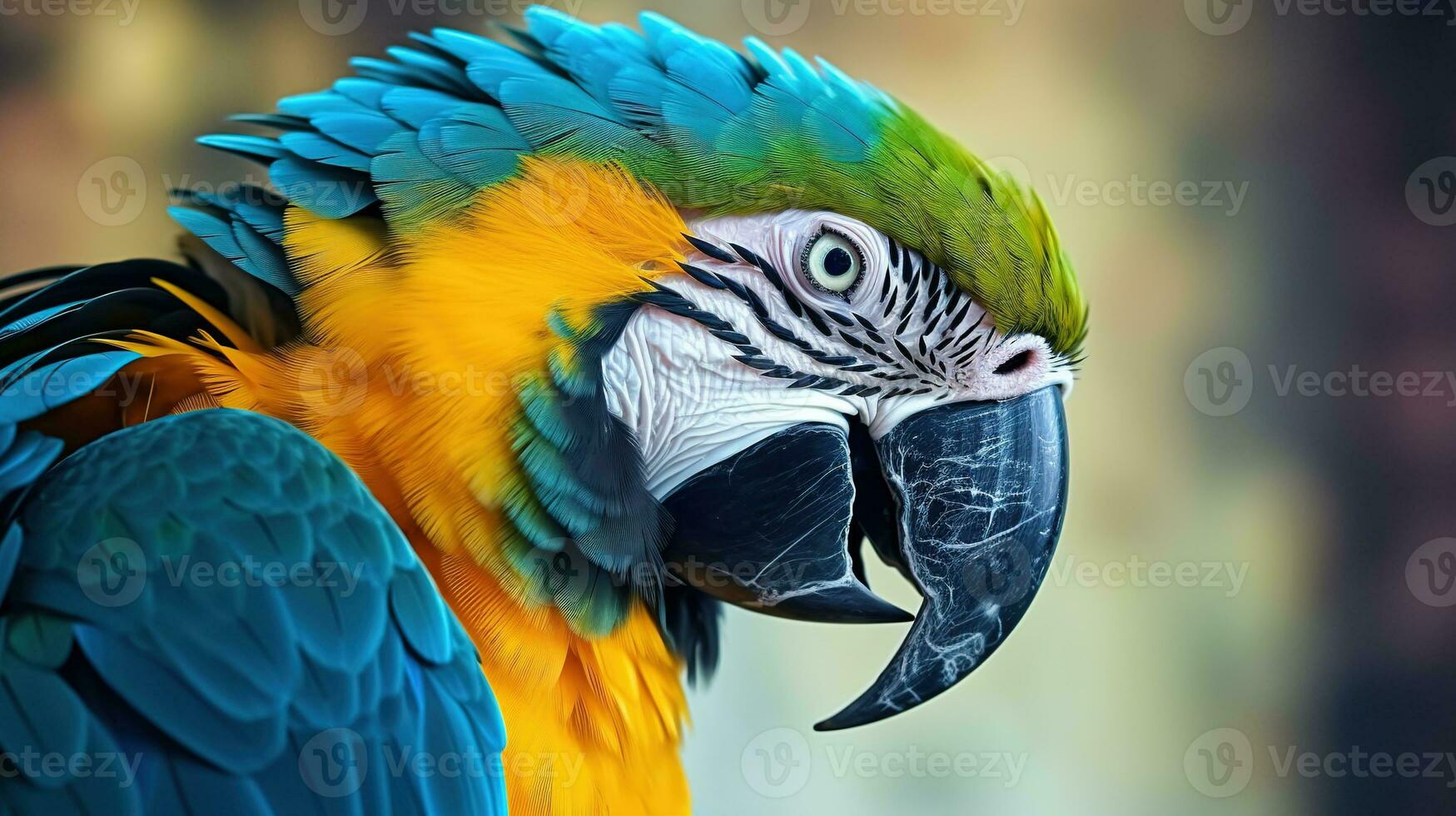 Blue and yellow macaw ara. Closeup shot of blue and yellow macaw on blurred background. photo