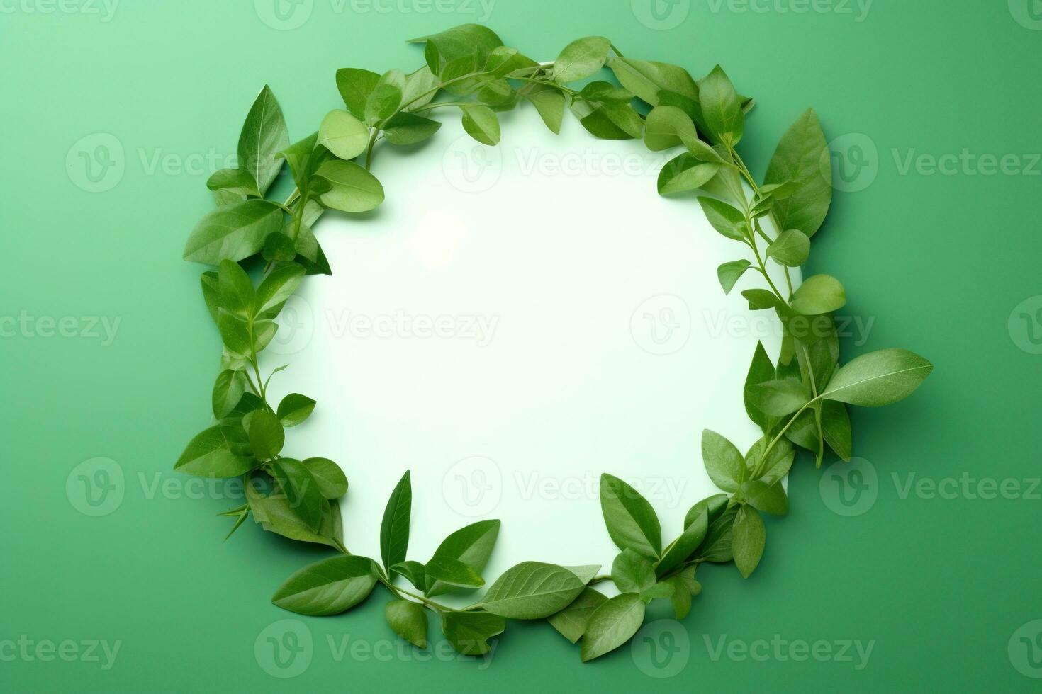 Wreath of green leaves. Green frame. Creative layout made of green leaves spring twigs. AI Generated photo