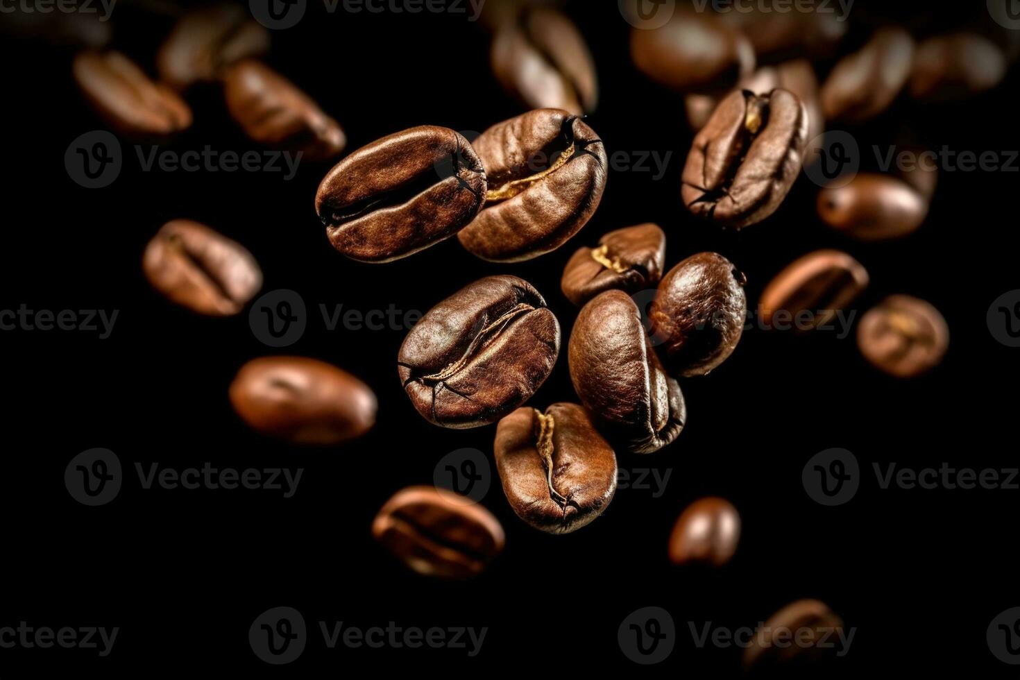 Coffee beans background Roasted falling or flying coffee beans on black background. AI Generated photo