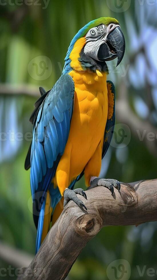 Blue and yellow macaw. Beautiful blue and gold macaw bird perched in a tree. photo