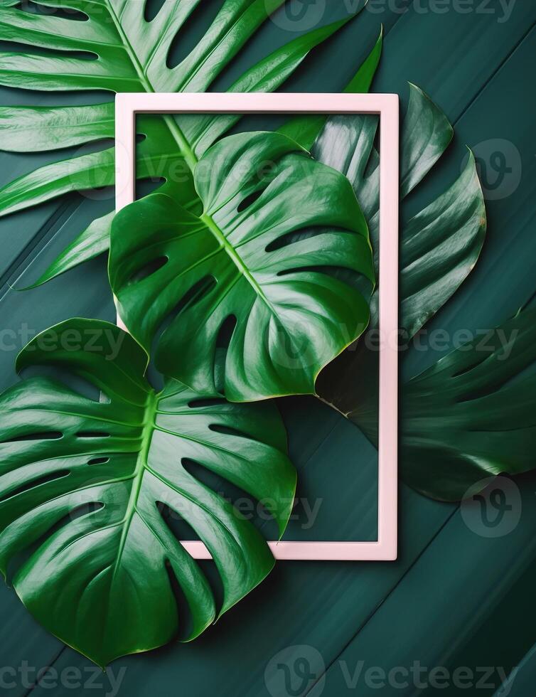 Frame with leaves. Flat lay of frame with leaf decoration. AI Generated photo