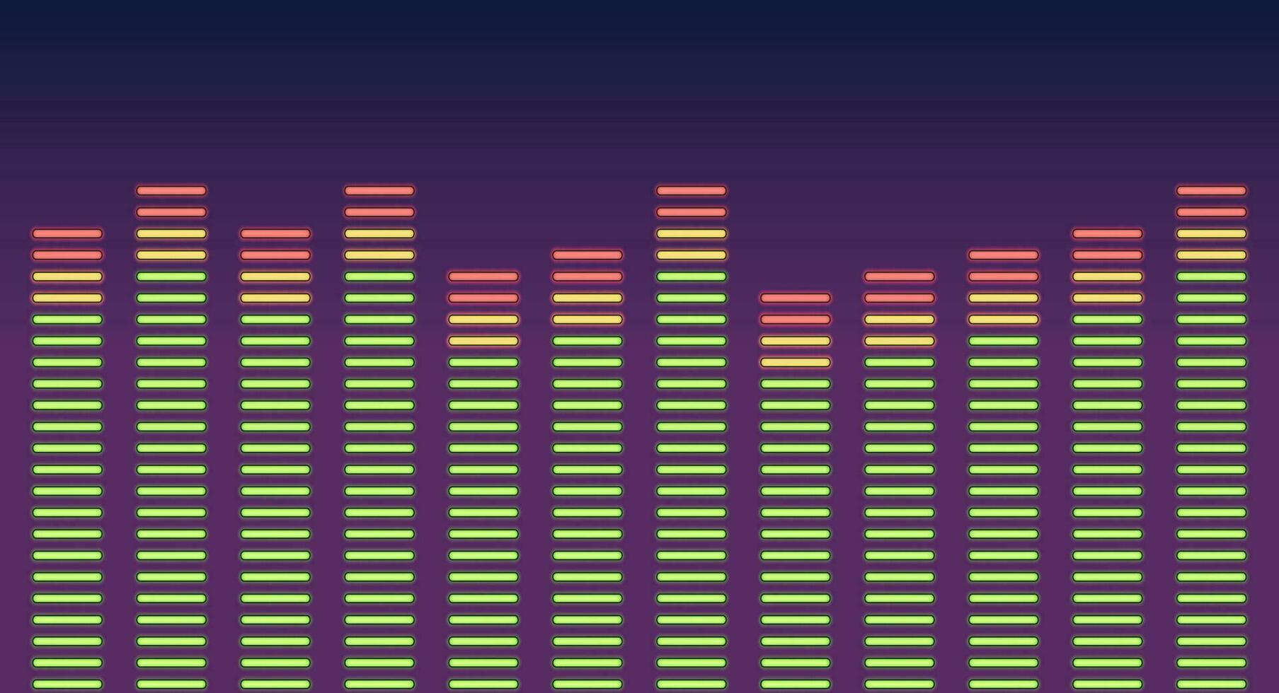 A graph of sound frequencies in green equalizer bands. Equalizer with red peak values vector
