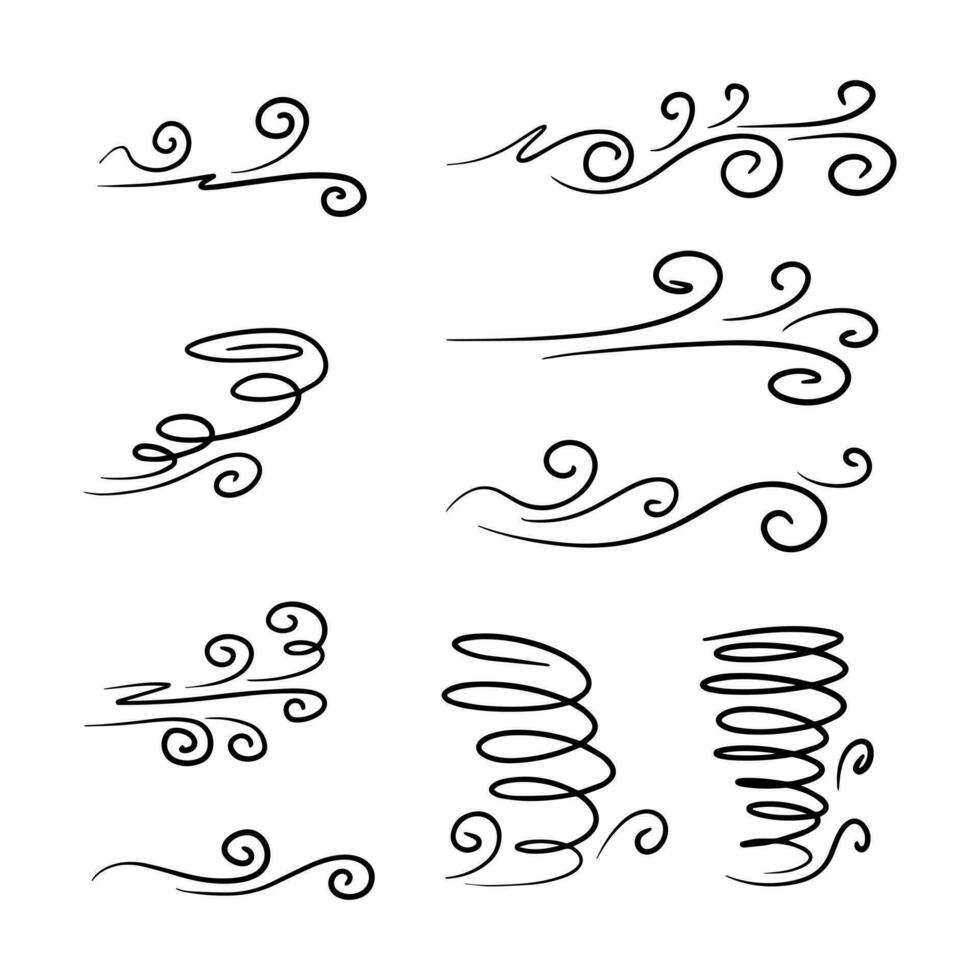 conjunto de garabatos de viento dibujado a mano, ilustración vectorial. vector