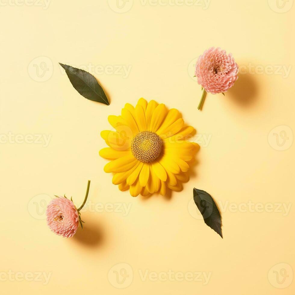 Flower on a yellow background. Summer flower flat lay on yellow background. Top view, copy space. AI Generated photo