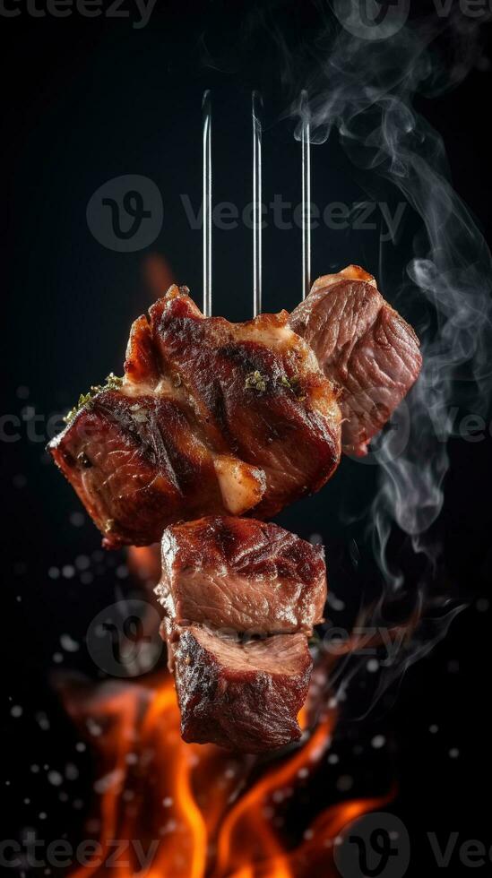 A la parrilla carne en el parrilla. tenedor con piezas de delicioso asado carne fumar antecedentes. foto