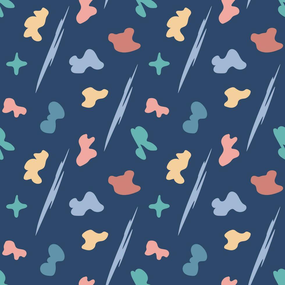 Abstract different multicolored spots pattern on blue background. Seamless vector pattern in cartoon and memphis style. Bright illustration for wrapping paper design, fabric print, nursery wallpaper
