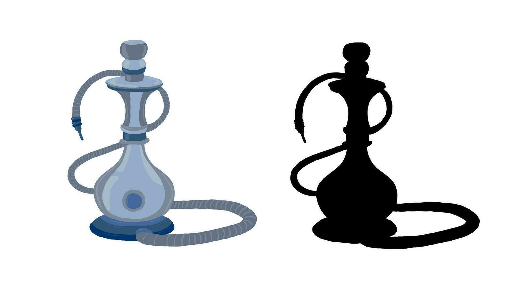 Blue glass hookah and black hookah silhouette, vector illustration isolated on white background. Attribute for smoking. Arabic, Turkish shisha with smoking pipe