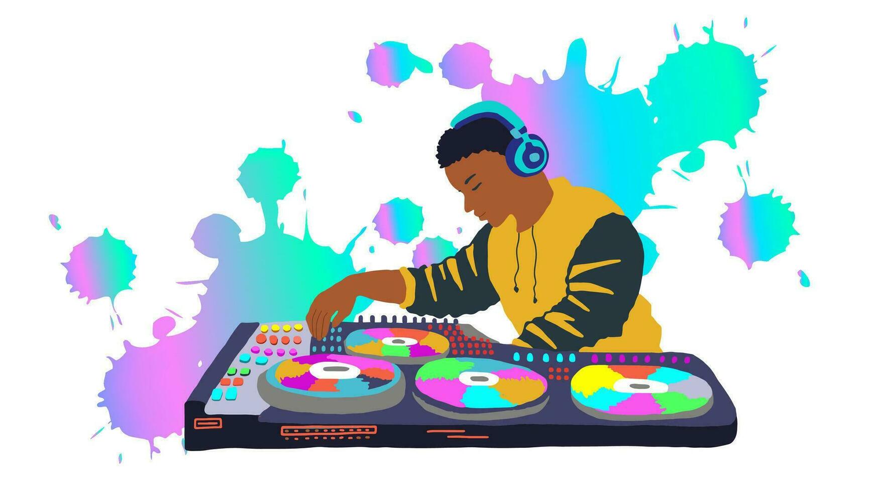 African American dj playing music on dj turntable at party. DJ equipment, dj spins colored music vinyl discs. Vector illustration isolated on white background