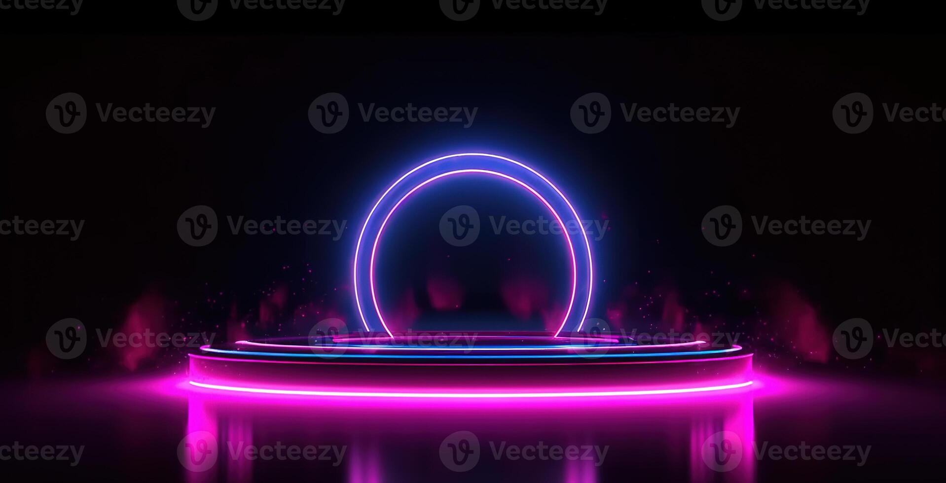 Background with glowing lights. Futuristic stage with neon light frame and podium. AI Generated photo