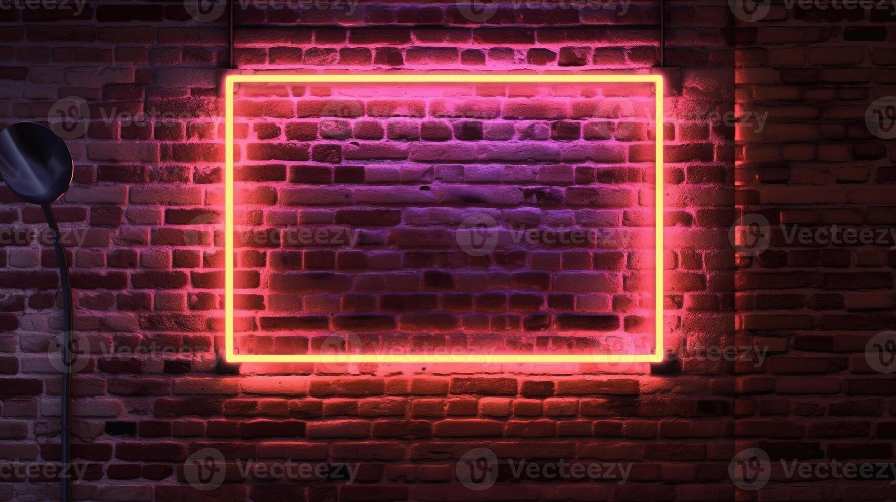 Red wall with light. Brick wall and square neon sign frame. AI Generated photo