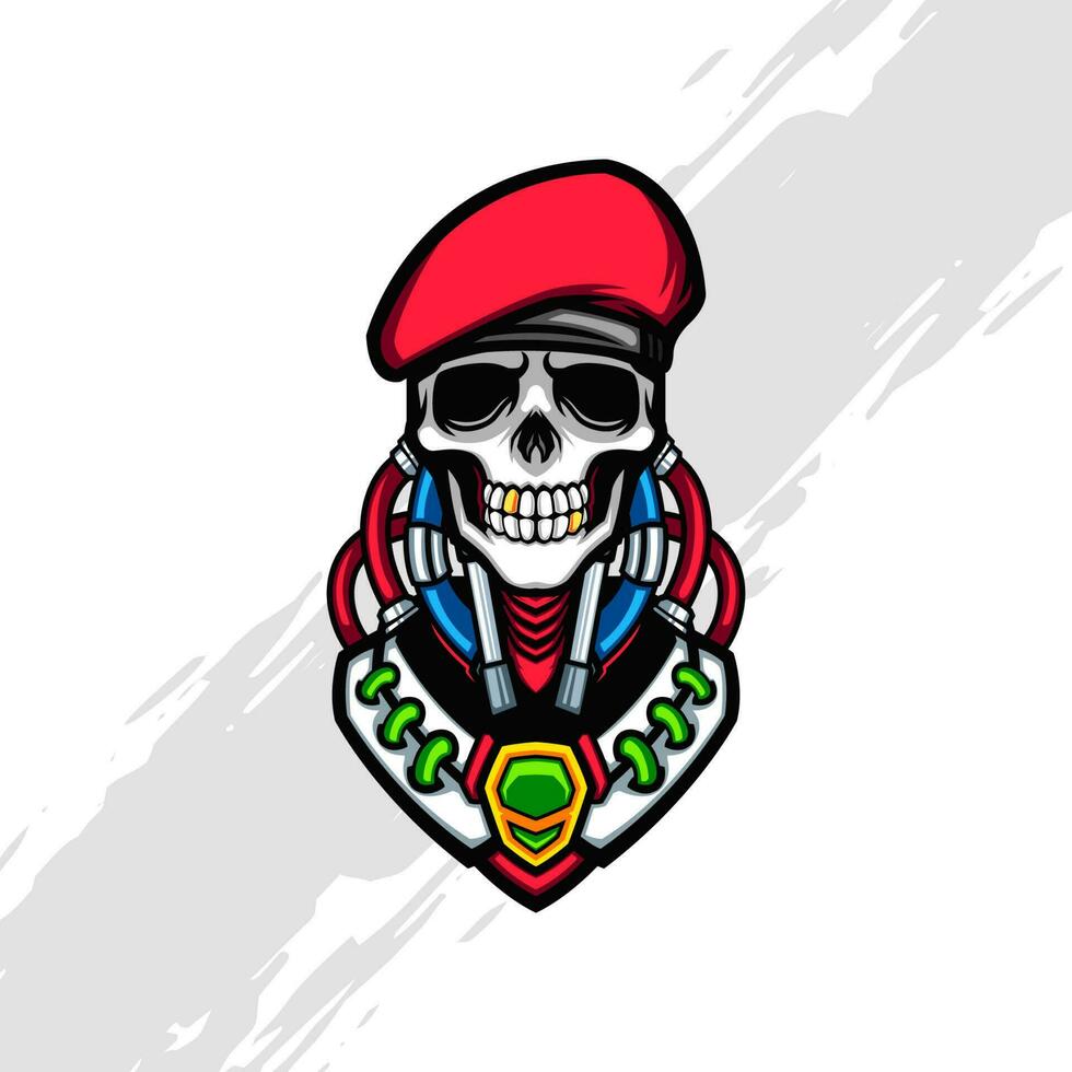 Red Beret Skull Cyborg Futuristic Military Sign vector