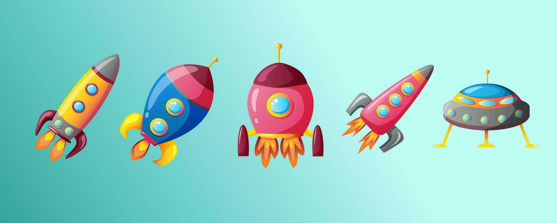 Space travel. Cartoon rockets set for stickers, kids design, print. Spaceship. Space childish banner. Vector cartoon illustration. EPS 10
