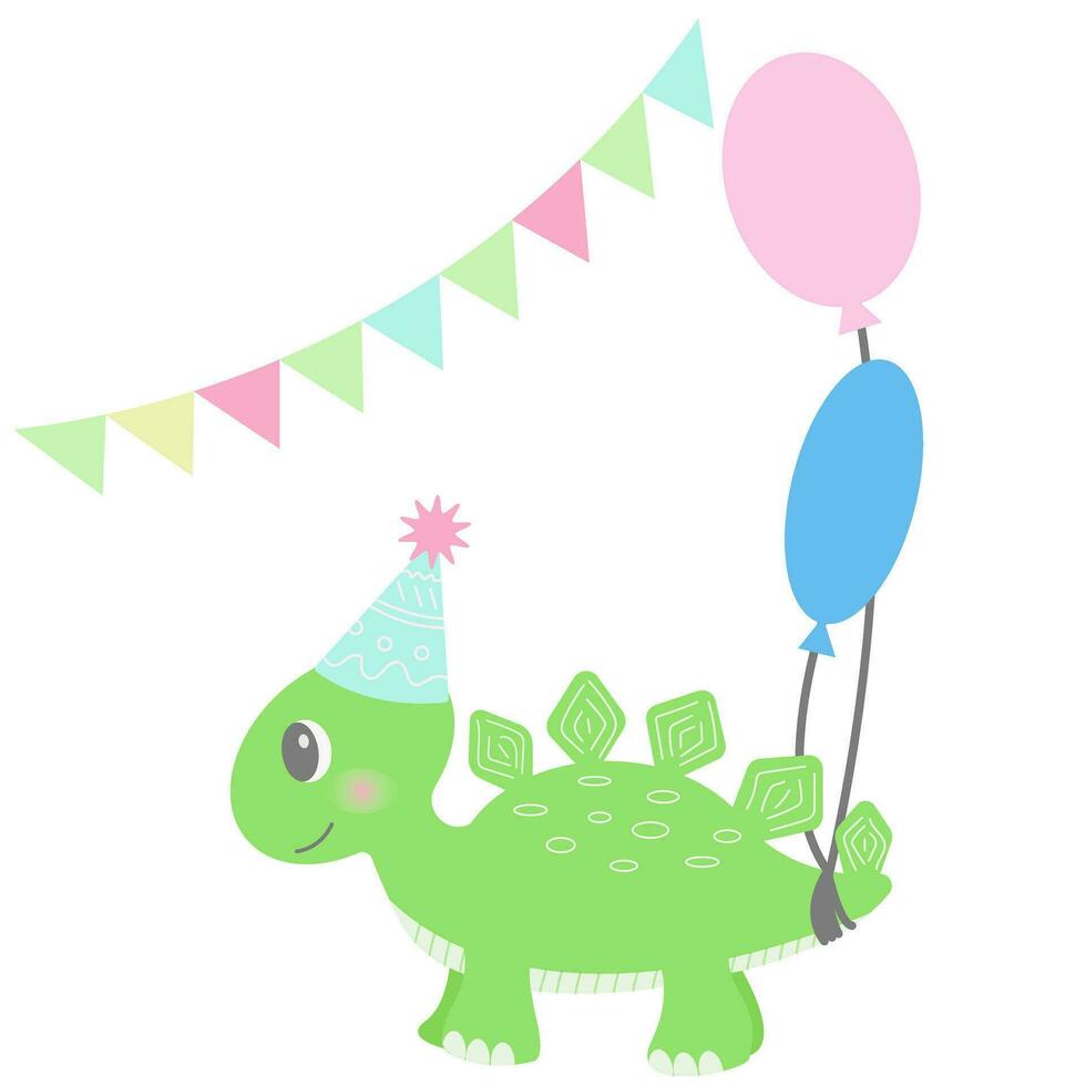 Kid's birthday card with a dinosaur in a festive cap Happy dinosaur with a balloon, gift and a cake. Clipart on a white background. A festive inscription in a cartoon's style. vector