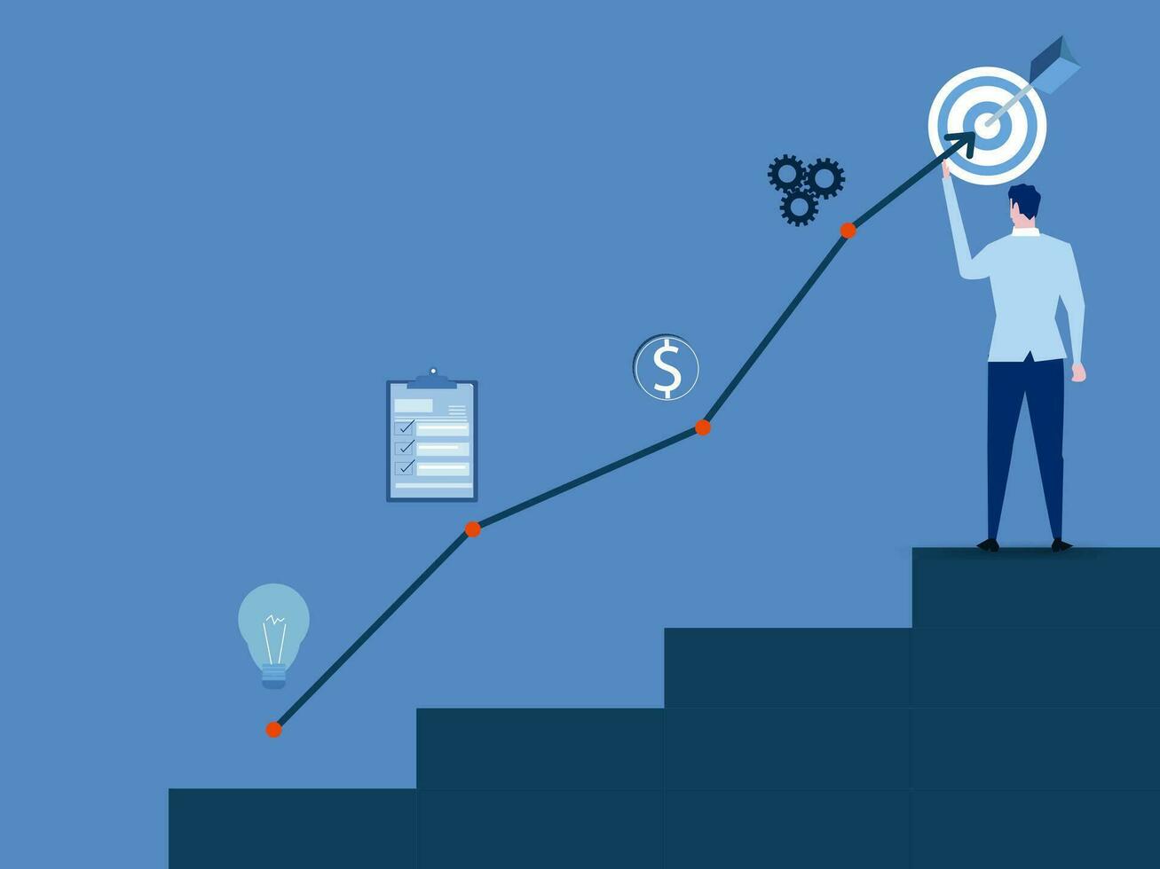 career planning businessman pulling graph of growth standing at ladder step career growth concept. vector illustration.