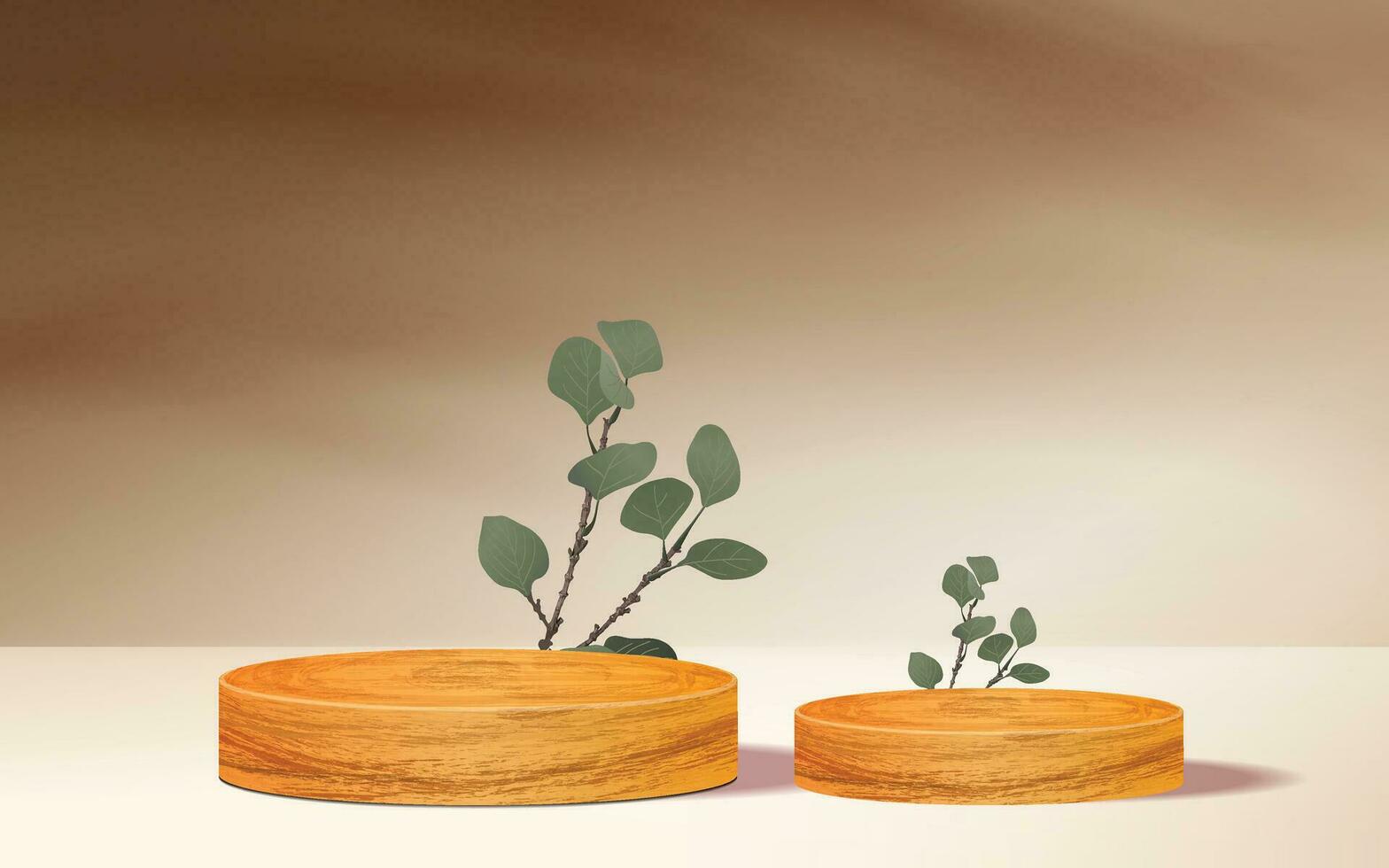 natural de madera redondo cilindro producto etapa podios con verde hojas - marrón antecedentes vector