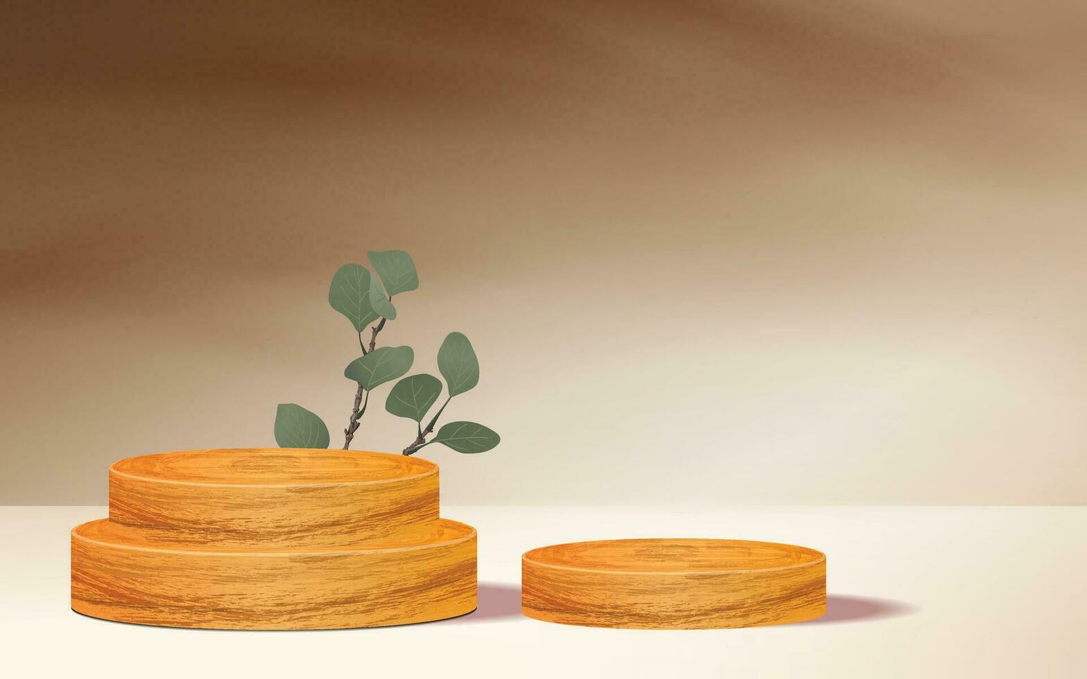 natural de madera redondo cilindro producto etapa podios con verde hojas - marrón antecedentes vector