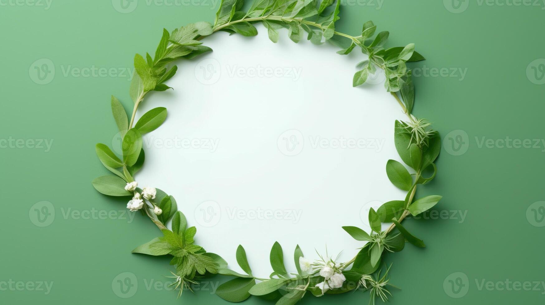 Wreath of green leaves. Green frame. Creative layout made of green leaves spring twigs. AI Generated photo