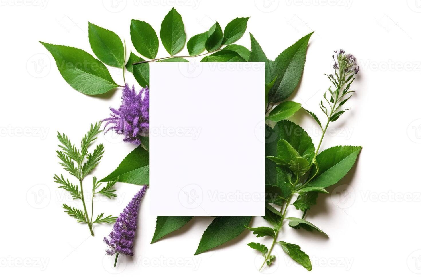 Frame with leaves. Creative layout with green leaves and blank card. AI Generated photo