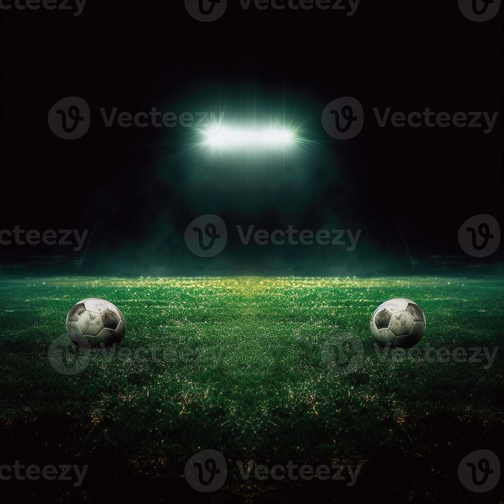 Stadium lights in the night. Green soccer field bright spotlights still life. AI Generated photo