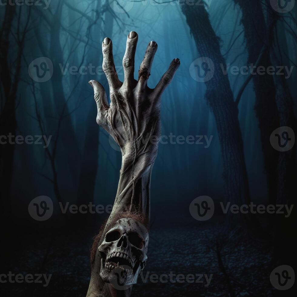 Zombie hand. Halloween background with zombie hand. AI Generated photo