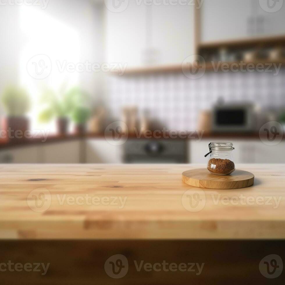 Table top. Wooden top table in kitchen interior for product display. AI Generated photo