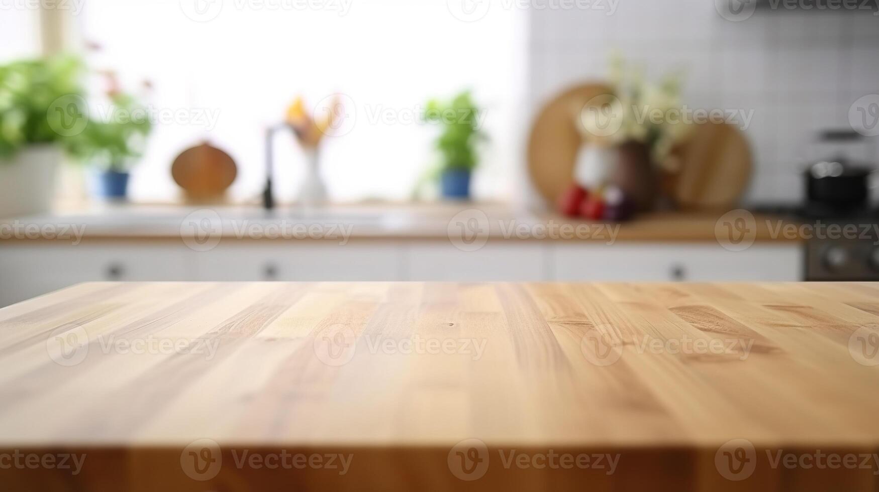 mesa cima. de madera parte superior mesa en cocina interior para producto mostrar. ai generado foto