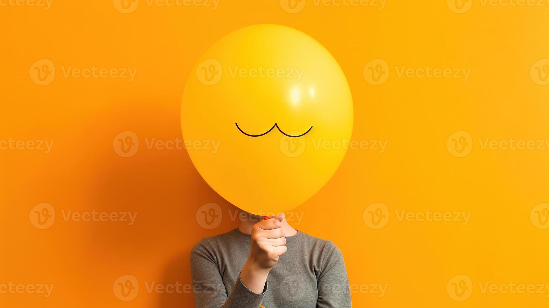 Person holding a balloon. Unrecognizable person holding yellow balloon against orange. AI Generated photo