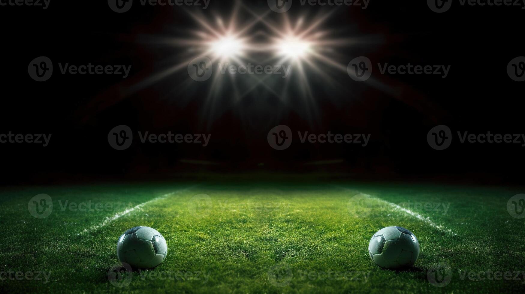 Stadium lights in the night. Green soccer field bright spotlights still life. AI Generated photo