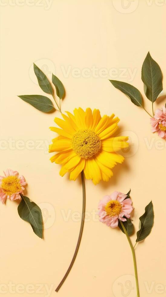 Flower on a yellow background. Summer flower flat lay on yellow background. Top view, copy space. AI Generated photo