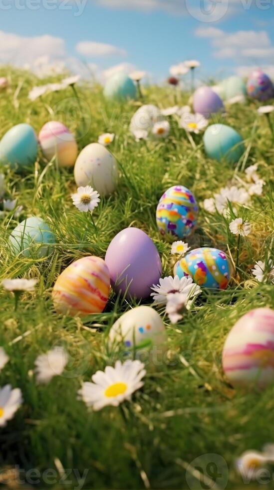 Easter eggs on grass. Spring meadow full of flowers and easter eggs still life. photo