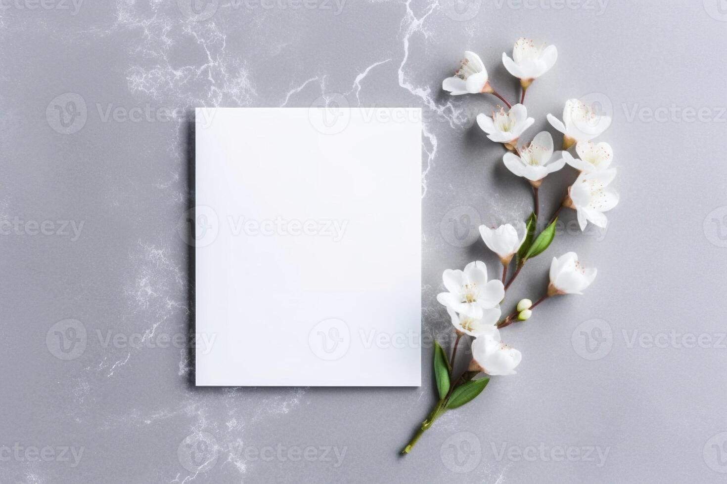 Bouquet of white flowers and blank card. Flowers composition. AI Generated photo